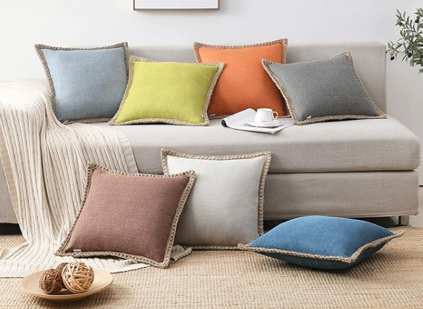 Decorative Farmhouse Throw Pillow - Burlap Linen Trimmed Tailored Edges