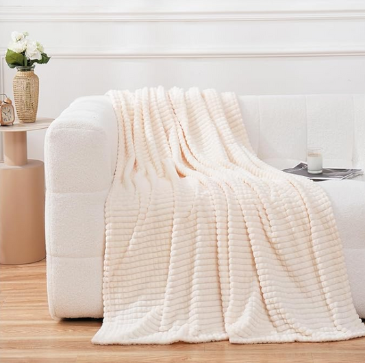 Flannel Fleece Throw Blanket Cream White 50"×60"