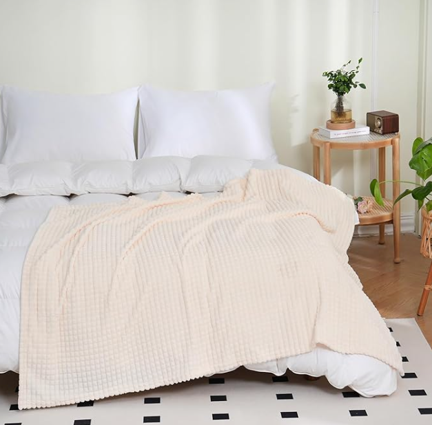 Flannel Fleece Throw Blanket Cream White 50"×60"