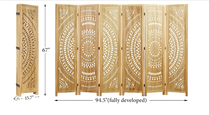 66.9Inch Folding Room Divider Natural Paulownia Wood