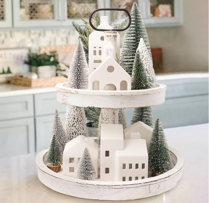 Christmas Village With Tray White