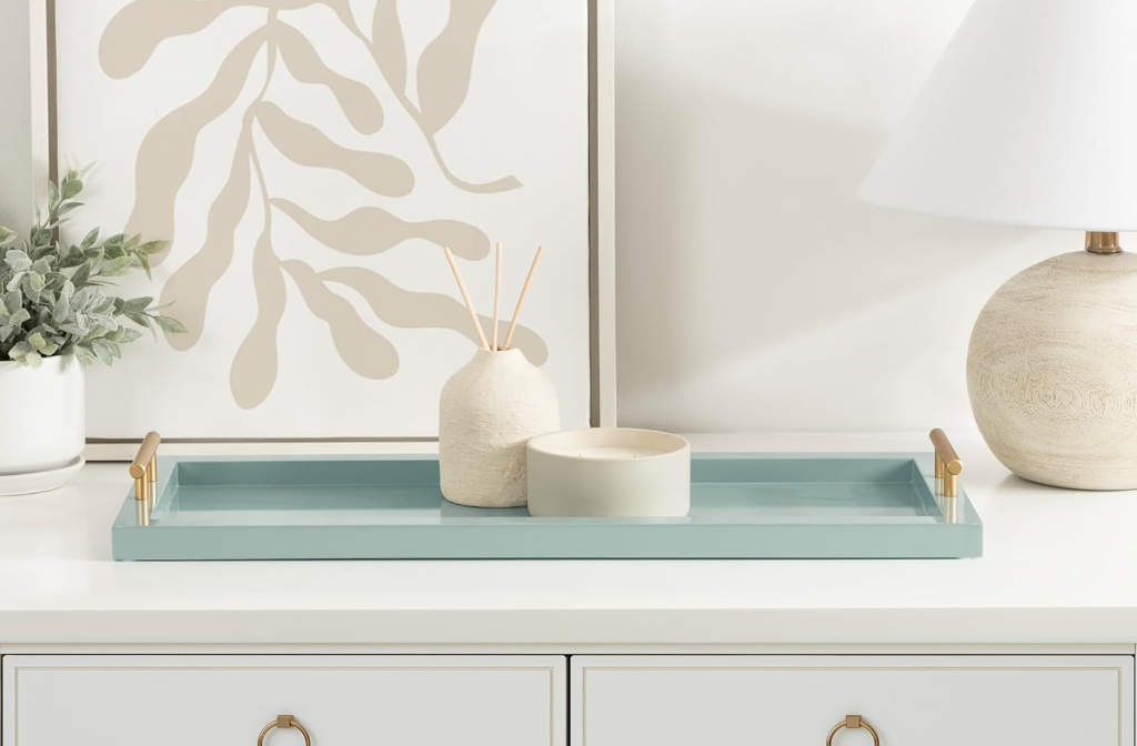 Rectangle Narrow Tray Blue With Gold Handles