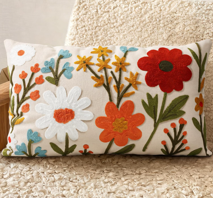 Embroidered Throw Pillow Flower 12 x 20"