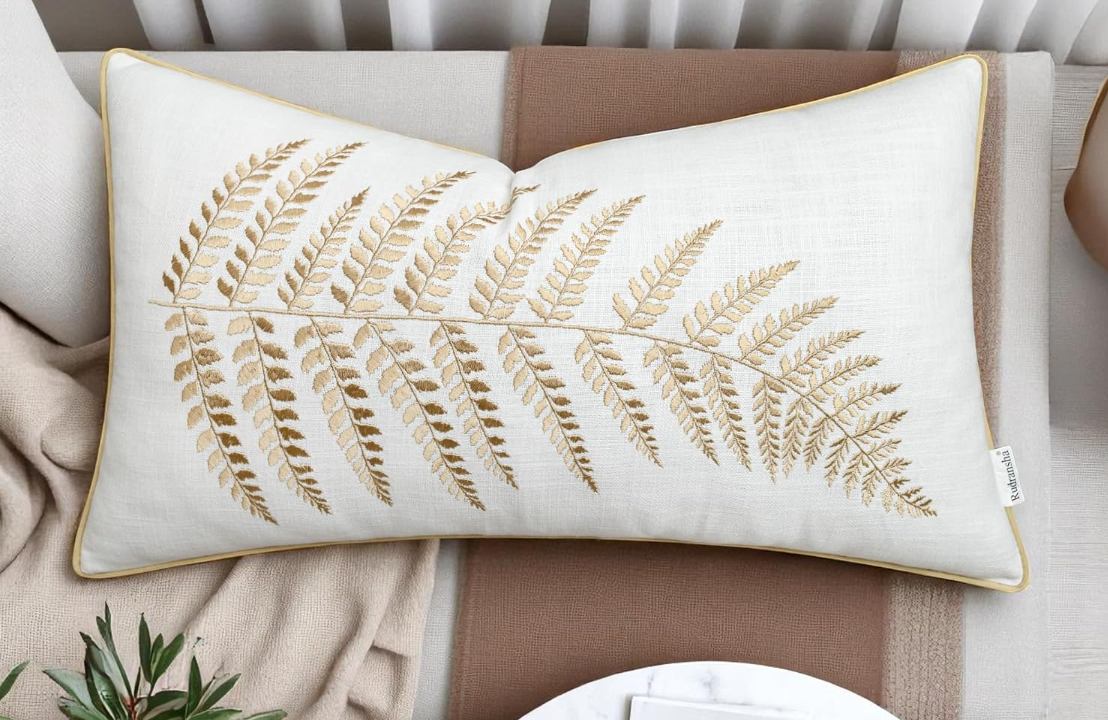 Embroidered Fern Leaf Throw Pillow 14 x 24"