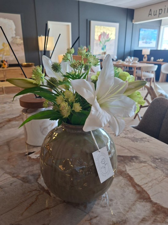 Olive Round Vase With White Flower Arrangement