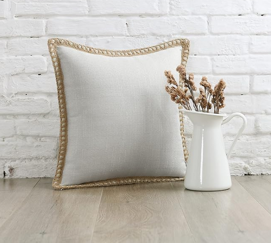 Decorative Farmhouse Throw Pillow - Burlap Linen Trimmed Tailored Edges