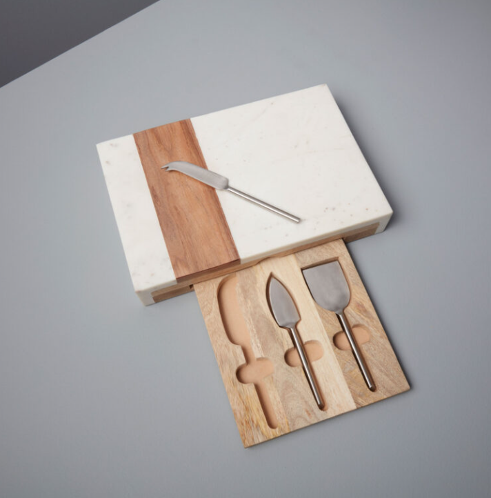 White Marble & Acacia Cheese Set