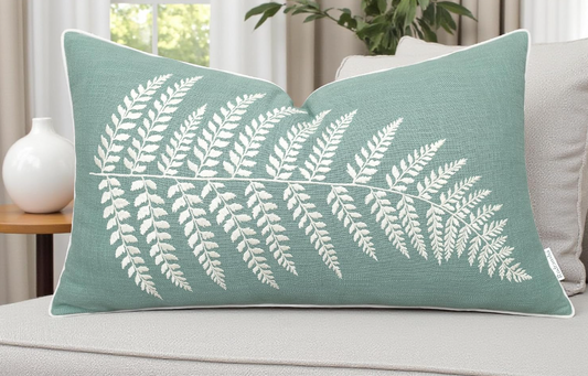 Embroidered Fern Leaf Throw Pillow 14 x 24"