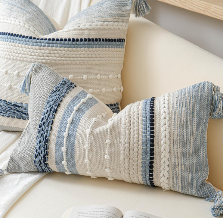 Decorative Coastal Blue Lumbar Pillow Cotton